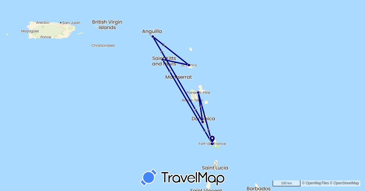 TravelMap itinerary: driving in Antigua and Barbuda, Dominica, France, Saint Kitts and Nevis, Netherlands (Europe, North America)